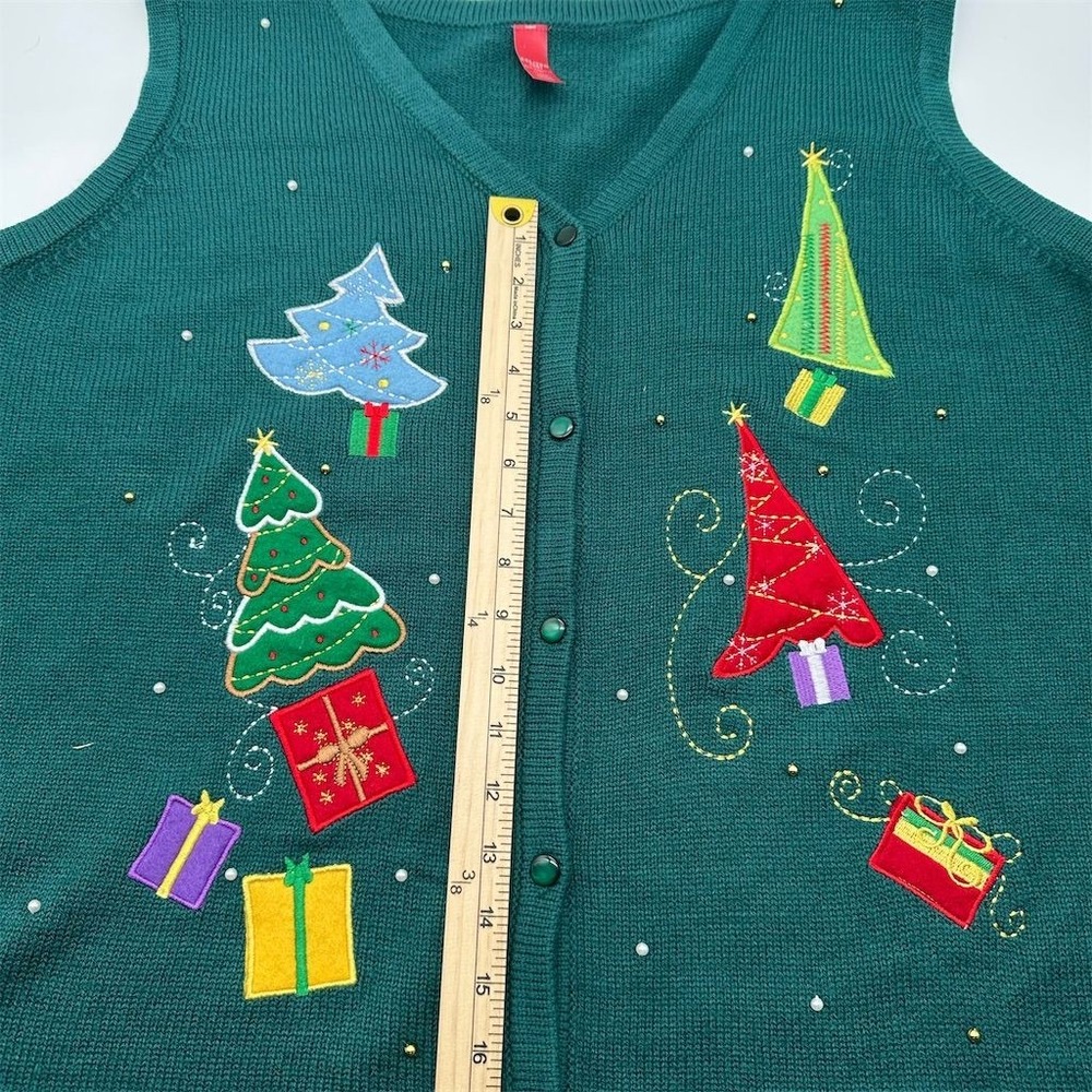 Women's Christmas Sweater Vest‎ Green Embroidered Holiday Trees Size 20 - Picture 6 of 6